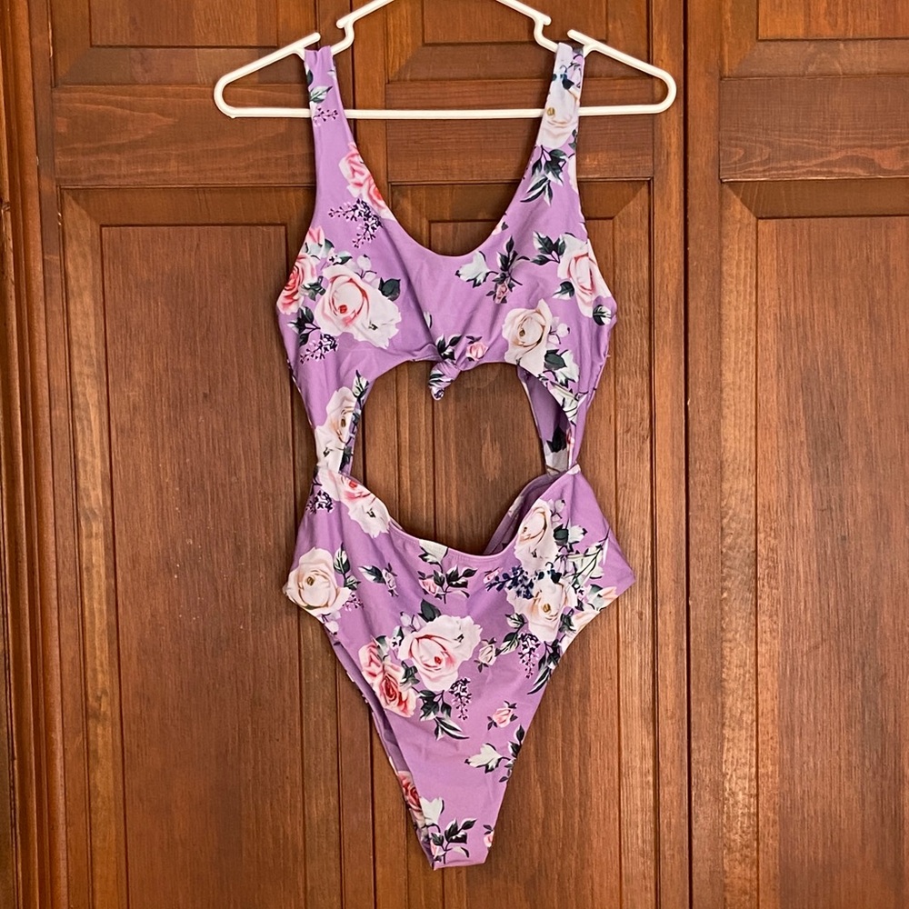 Purple Floral Cutout One Piece Bathing Suit~Size Large